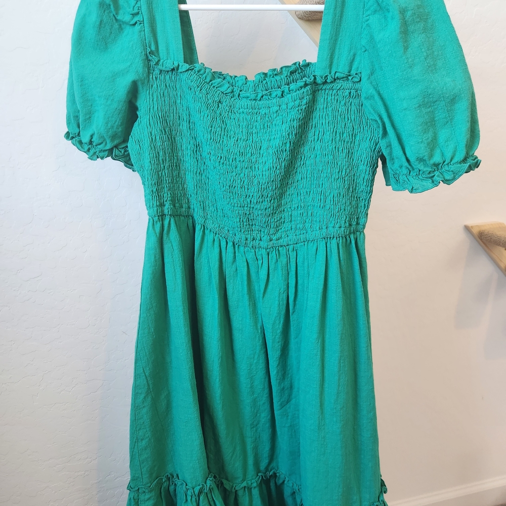 Green Smocked Puff Sleeve Dress